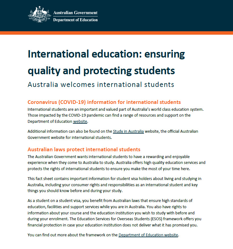 Fact Sheet for International Students Studying in Australia - Australian Govenment